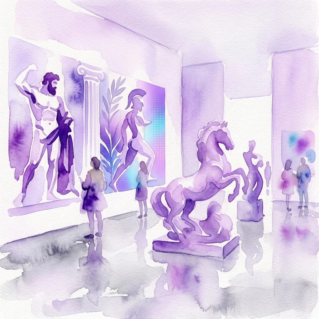 Ilustración en acuarela de una galería de arte que presenta la exposición 'From Lines to Matter' de Vojtěch Kovařík, con esculturas a gran escala y pinturas de figuras heroicas en tonos púrpuras y azules.