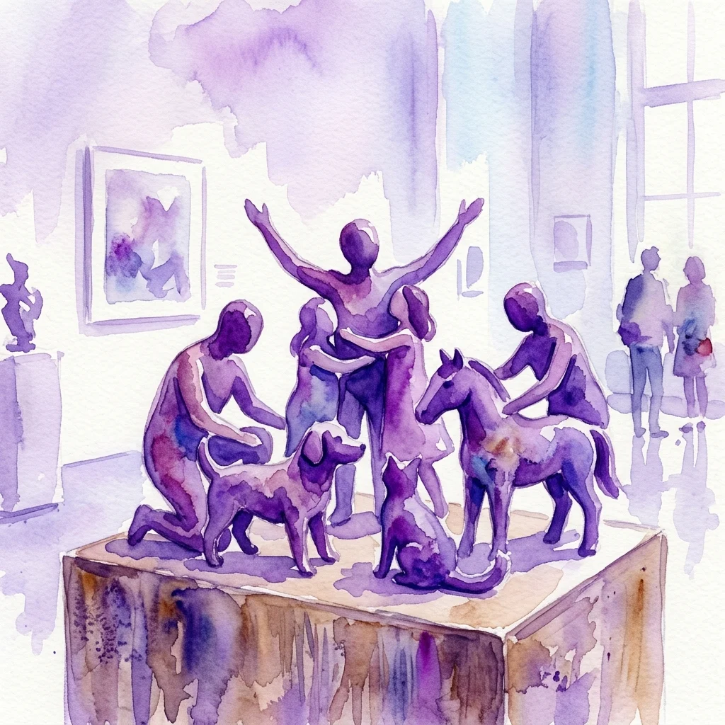 Ilustracja akwarelowa ceramicznej rzeźby Hany Purkrábkovej przedstawiającej figury ludzkie i zwierzęta w ekspresyjnych pozach, wystawionej w galerii muzealnej.