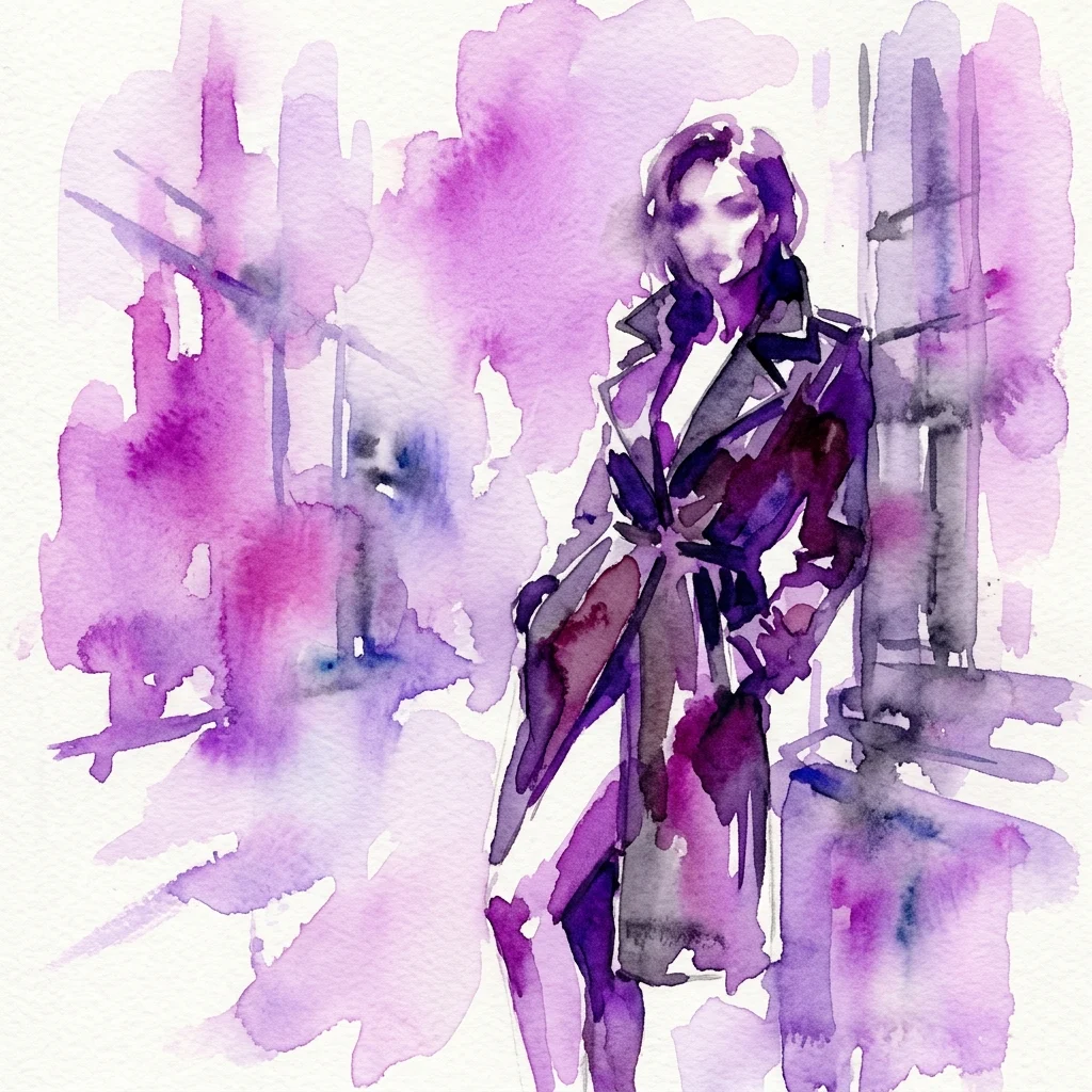 Una ilustración en acuarela de una mujer con un abrigo, representada en audaces tonos morados y negros, que evoca el estilo provocativo de la fotografía de moda de Helmut Newton.
