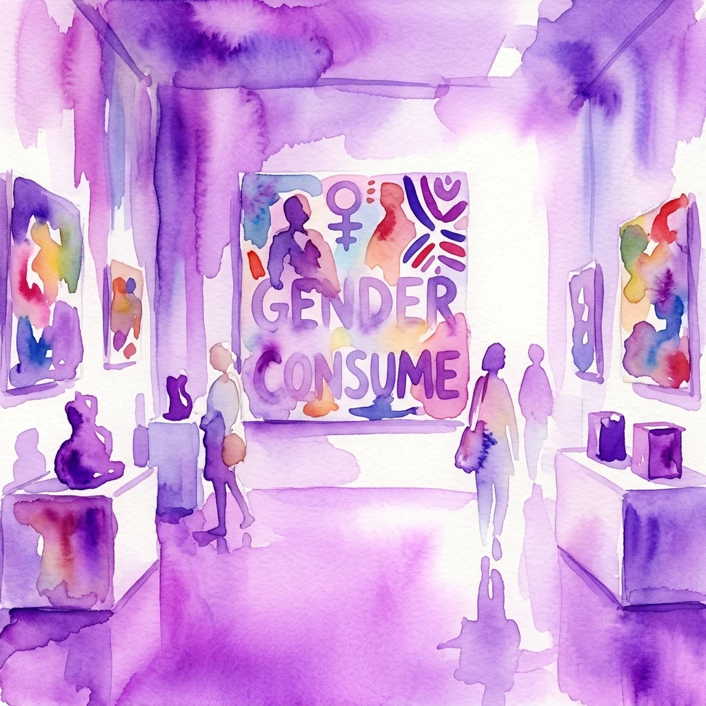 A watercolor-style illustration of an art gallery exhibition titled 'Gender Consume,' featuring graphic prints and sculptures with feminist and consumerism themes, reflecting the work of Naděžda Plíšková.