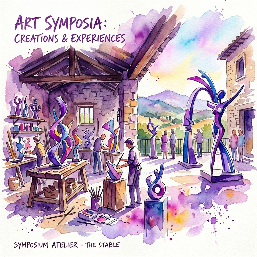 Waterverfillustratie van kunstenaars die abstracte sculpturen maken in een rustieke stalwerkplaats en op een buitenterras, onderdeel van Jan Hendrych's tentoonstelling 'Art Symposia: Creations & Experiences'.