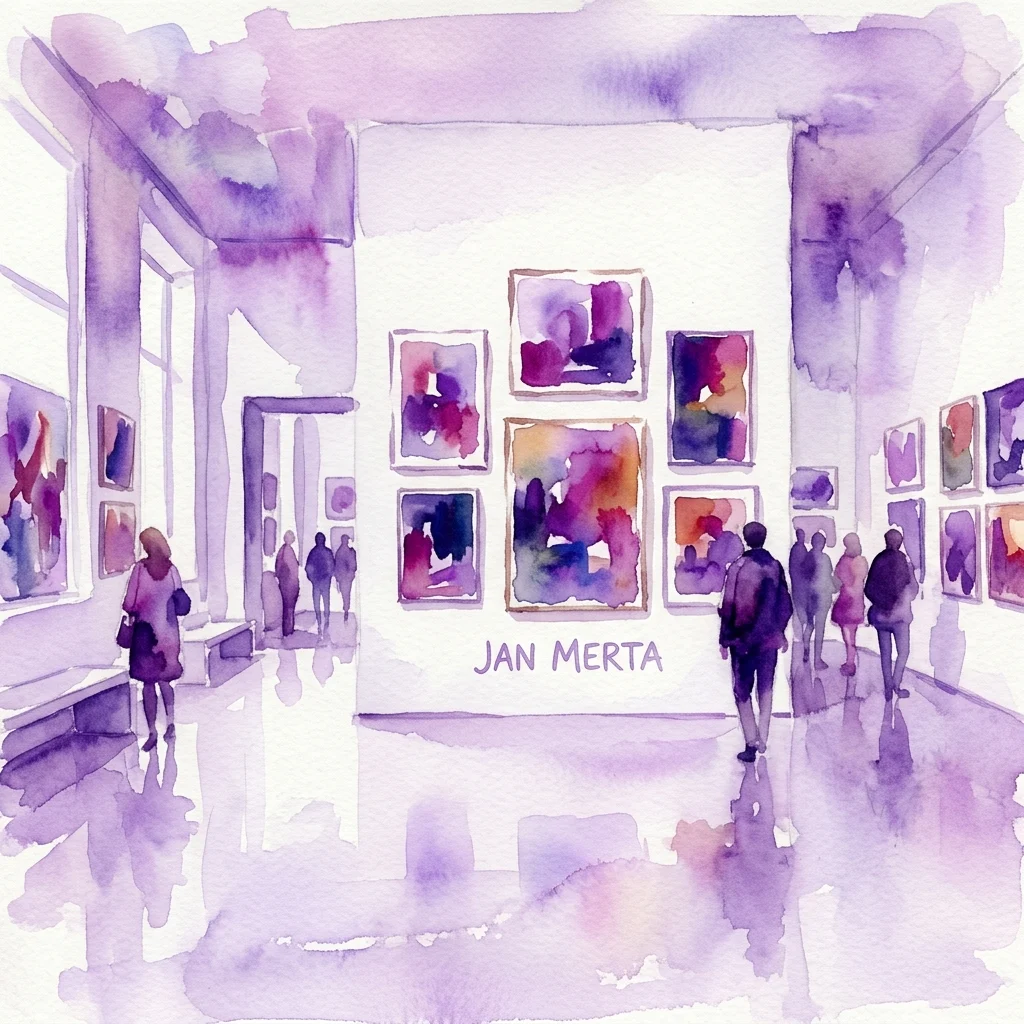 Ilustración en acuarela de una exposición en una galería de arte que presenta pinturas abstractas y semiabstractas de Jan Merta, con visitantes contemplando las obras en un espacio de galería moderno.
