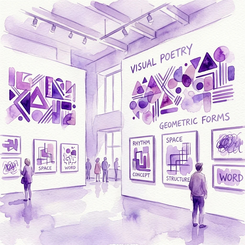 Ilustracja akwarelowa wystawy w galerii sztuki prezentującej formy geometryczne i poezję wizualną, z odwiedzającymi oglądającymi dzieła zatytułowane 'PRZESTRZEŃ', 'SŁOWO', 'RYTM' i 'STRUKTURA' w purpurowym oświetleniu.