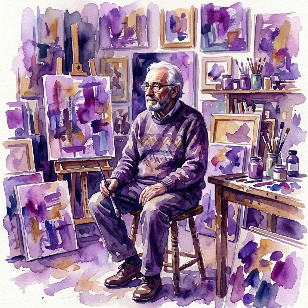 Een aquarelportret van kunstenaar Jan Zrzavý in zijn atelier, omringd door schilderijen en kunstbenodigdheden, dat een peinzende stemming vastlegt.