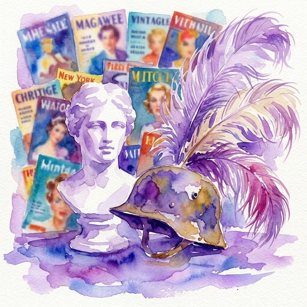 Una ilustración en acuarela del arte de ensamblaje de Jaroslav Vožniak que presenta un busto de yeso, un casco militar, plumas de avestruz y revistas antiguas, reflejando misticismo lúdico y energía creativa.