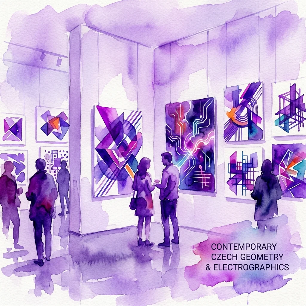 Una ilustración en acuarela de una galería de arte contemporáneo que presenta obras abstractas geométricas y electrográficas de Jaroslava Kurandová y Zdeněk Rybka, con visitantes observando las vibrantes piezas moradas y azules.