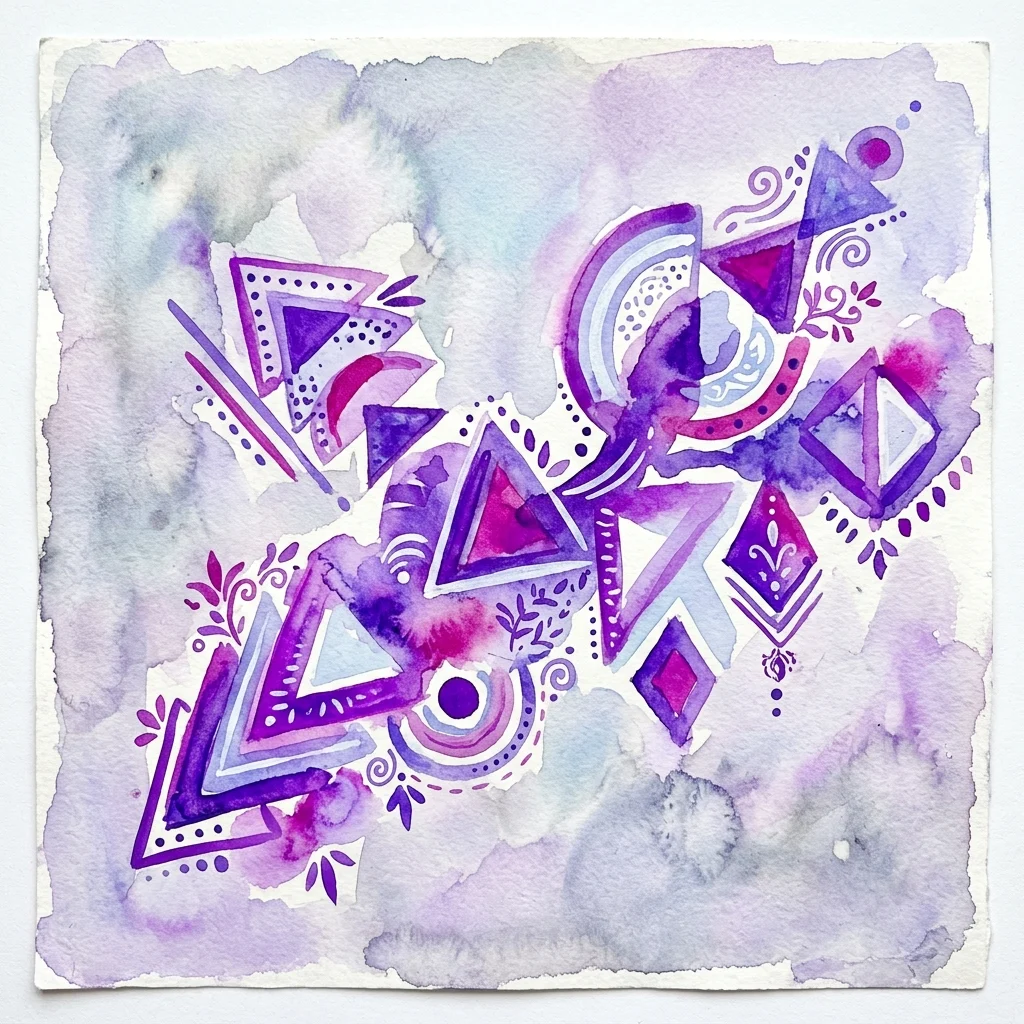 A watercolor artwork featuring geometric shapes and ornamental patterns in purple and pink hues, reflecting the themes of rhythm and transformation from the Jindřich Boška and František Dörfl exhibition.