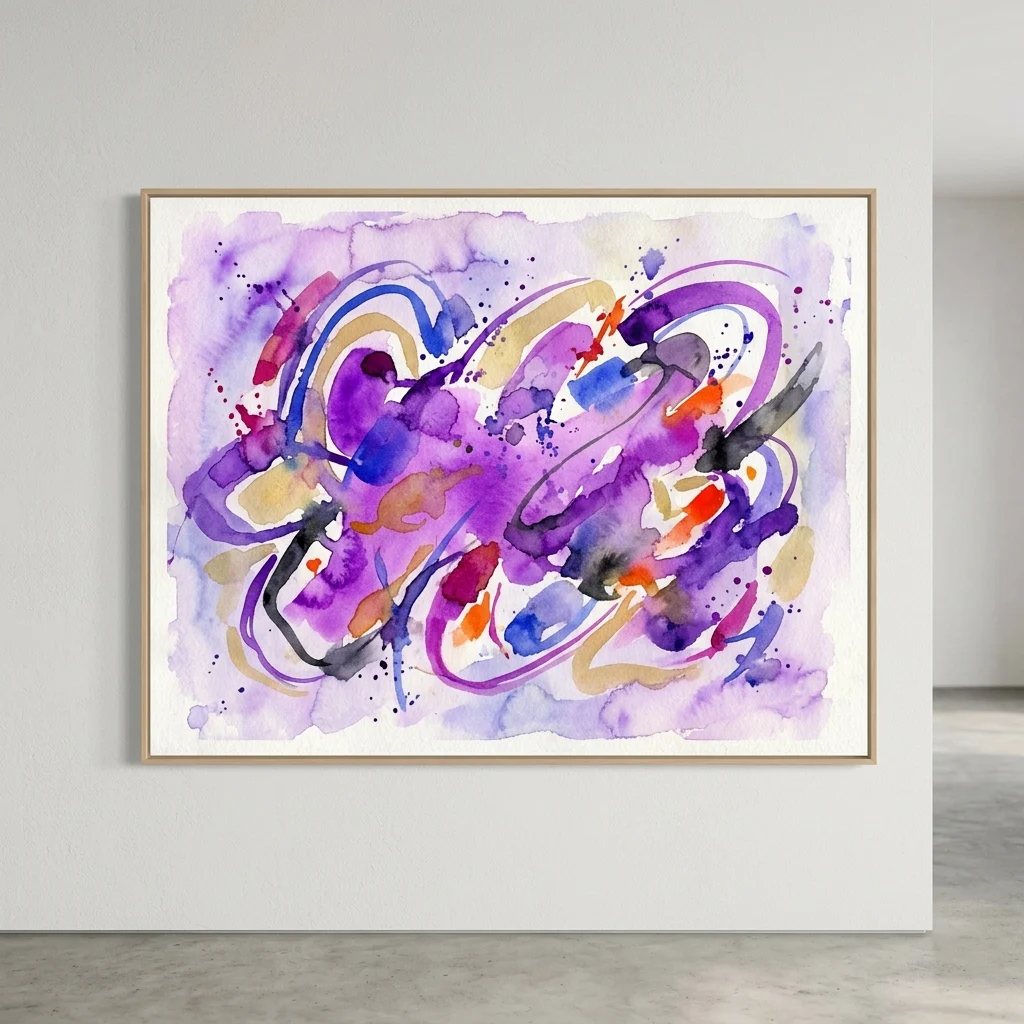 Een levendig abstract aquarel van Jiří Mrázek met gedurfde paarse, blauwe en oranje wervelingen en spatten, tentoongesteld in een lichte lijst aan een witte gallerymuur.
