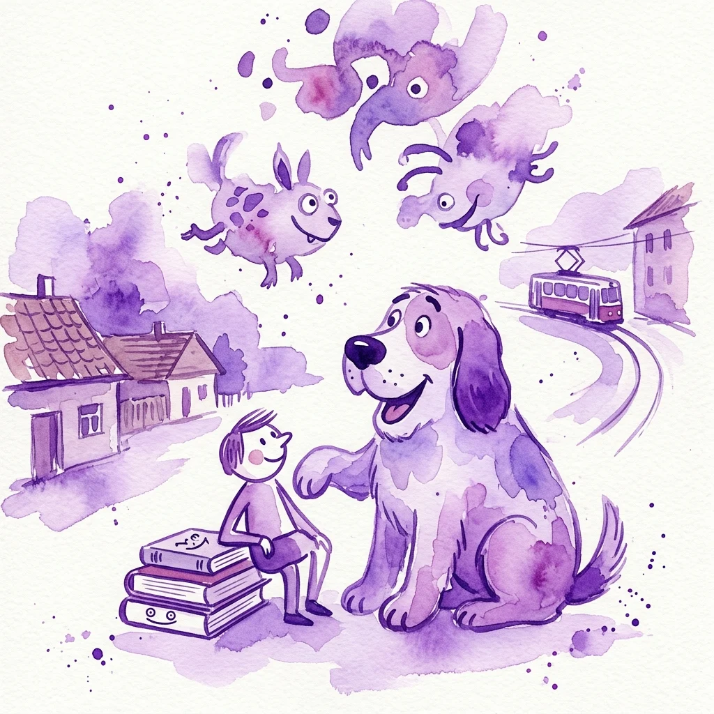 A whimsical purple watercolor illustration by Jiří Šalamoun featuring a boy with books, a large dog, and surreal flying creatures, set against a backdrop of a Czech street scene with a tram and houses.
