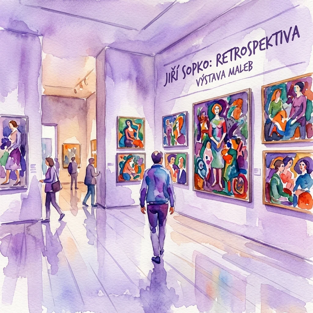 Waterverfillustratie van een museumgalerie met bezoekers die kleurrijke figuratieve schilderijen van Jiří Sopko bekijken, onderdeel van zijn retrospectieve tentoonstelling in Museum Kampa.