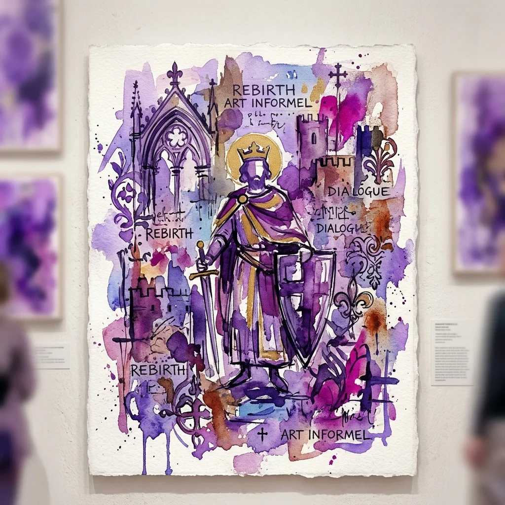 Una obra de acuarela que presenta una figura de rey con corona y escudo, rodeada de arquitectura medieval y elementos de texto como 'REBIRTH' y 'ART INFORMEL', expuesta en una galería de museo.