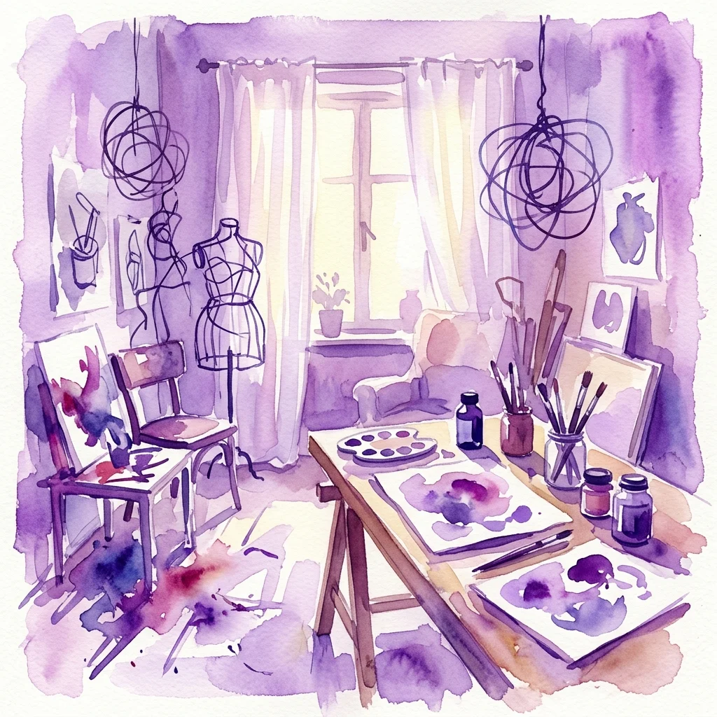 Ilustración en acuarela de un estudio de artista con materiales de dibujo, esculturas de alambre y estudios de sillas y mesas, sobre un fondo de luz que se filtra a través de las cortinas.