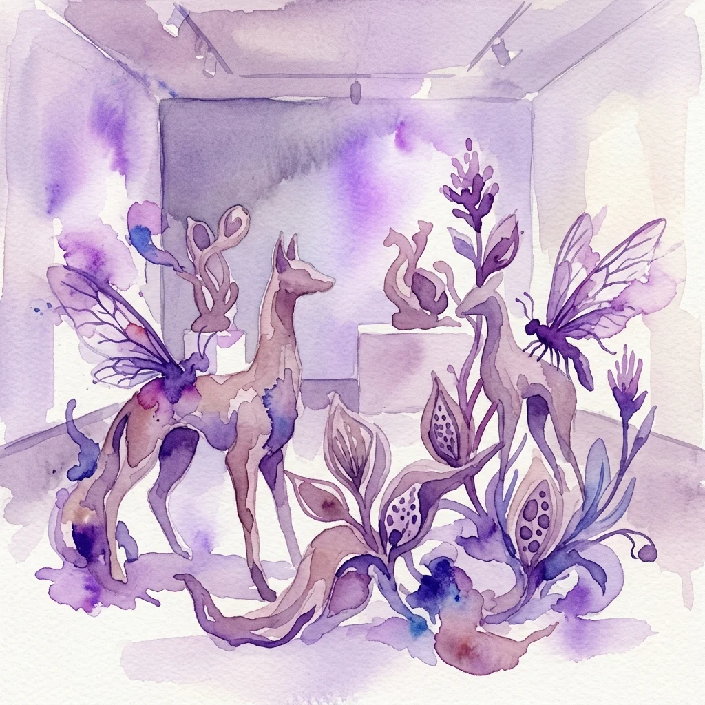 Una ilustración en acuarela de esculturas surrealistas de arcilla en la exposición Karel Pauzer - Biosphaera, con criaturas parecidas a ciervos con alas de insecto y formas abstractas de plantas en una galería con iluminación púrpura.