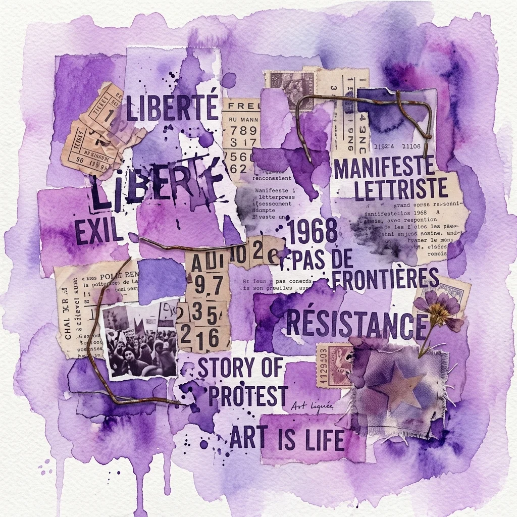 Fioletowy kolaż Karela Trinkewitza zawierający fragmenty tekstu, takie jak 'LIBERTÉ', 'EXIL', 'MANIFESTE LETTRISTE' i 'STORY OF PROTEST', łączący znalezione obiekty i akwarelę, odzwierciedlający jego sztukę letrystyczną i sprzeciw wobec opresji.