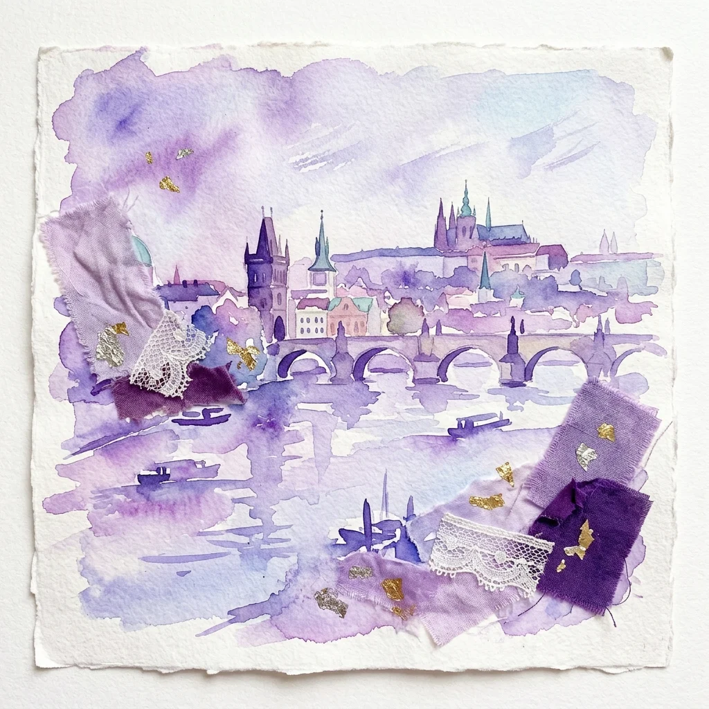 Una obra de arte multimedia de Kateřina Černá que presenta un paisaje urbano onírico en acuarela del río Moldava y el Puente de Carlos de Praga, incorporando retazos de tela, encaje y pan de oro, evocando nostalgia y misterio femenino.