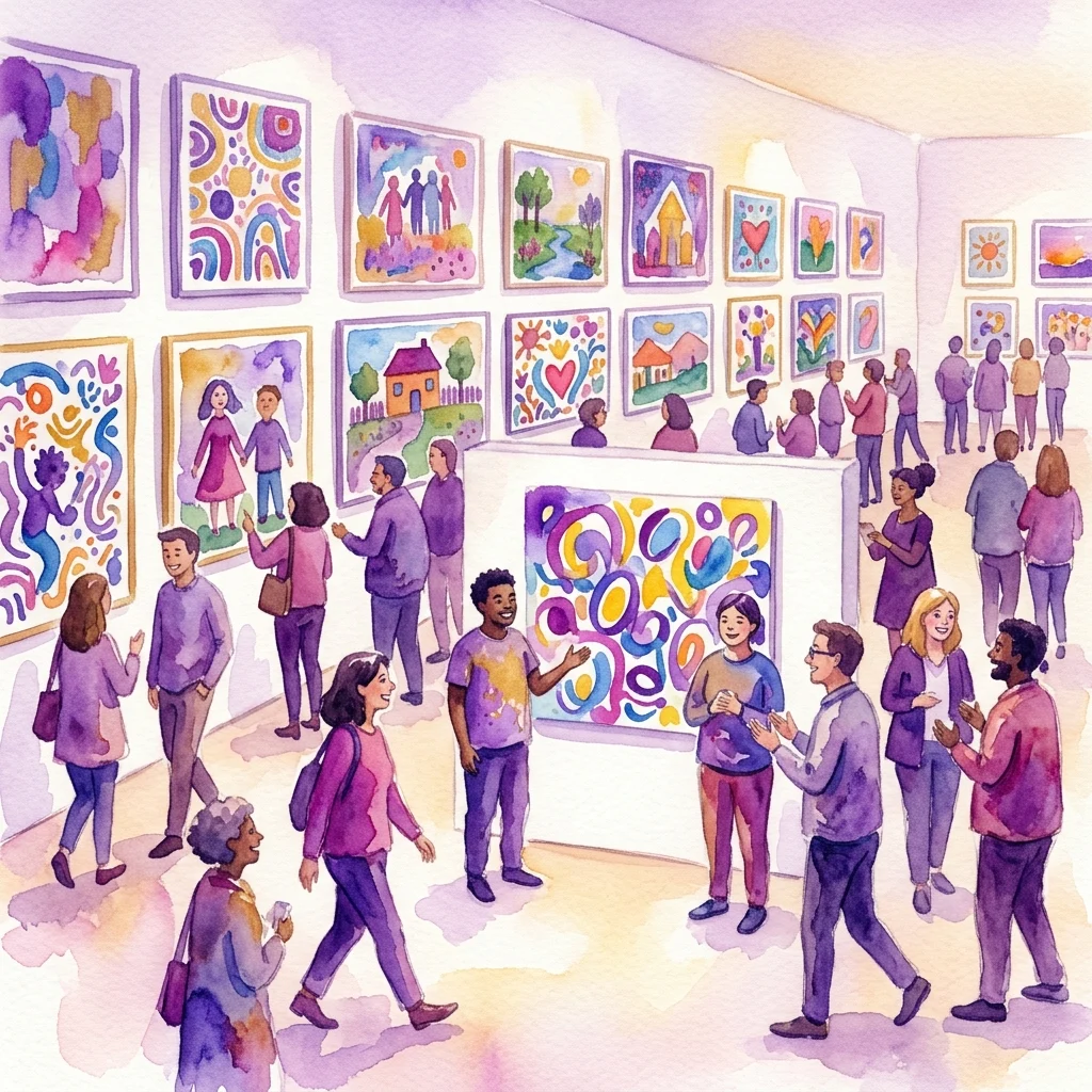 Una ilustración en acuarela de un grupo diverso de personas observando obras de arte coloridas y expresivas en una galería. La exposición, titulada 'Todos Pueden Ser Artistas', exhibe trabajos creativos de personas con discapacidades mentales, celebrando la expresión artística y la inclusión.