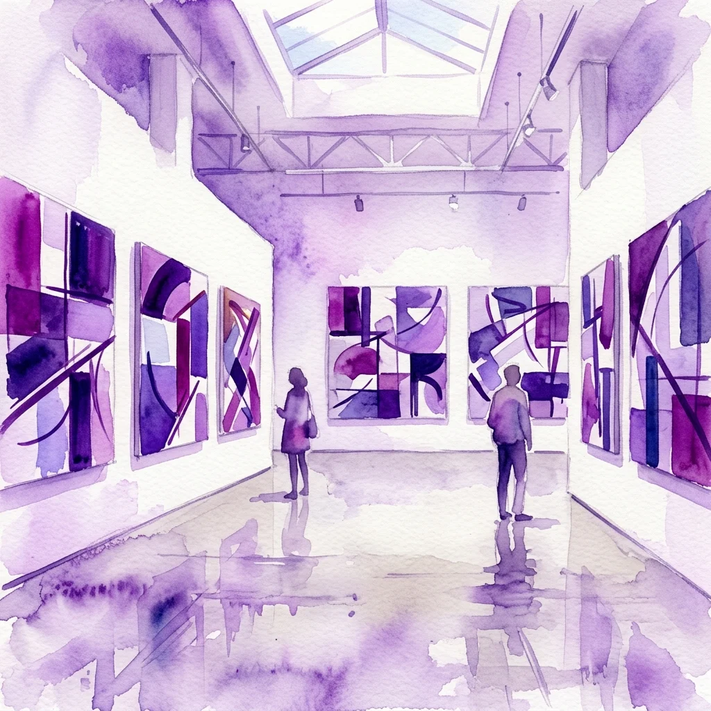 A watercolor rendering of an art gallery with abstract paintings in purple and blue tones, featuring visitors viewing artwork under skylights, evoking the style of František Kupka's modernist works.