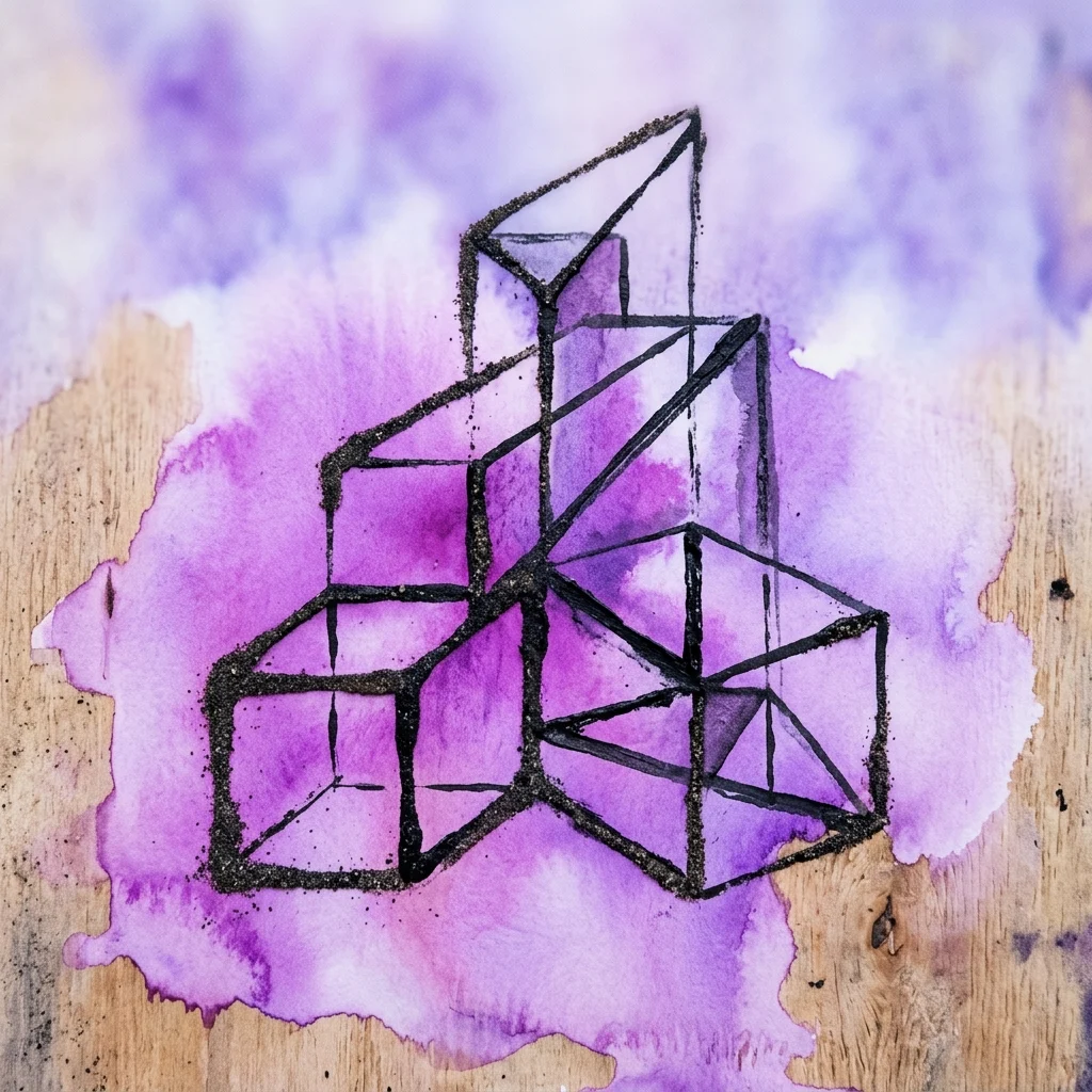 Abstrakcyjne dzieło geometryczne Lubomíra Přybyla z czarnymi liniami i piaskiem na fioletowym tle akwarelowym, reprezentujące abstrakcję przestrzenną.