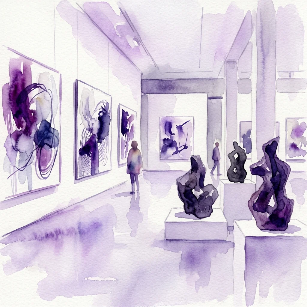 Ilustracja akwarelowa galerii sztuki przedstawiająca abstrakcyjne rzeźby i obrazy w fioletowych odcieniach, ukazująca wystawę 'Ludmila Seefried Matějková / Before the Door' w Muzeum Kampa.