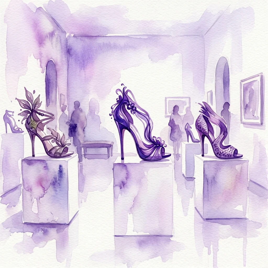 Ilustracja akwarelowa butów na wysokim obcasie Manolo Blahnik, wyeksponowanych jak dzieła sztuki na postumentach w galerii, przywołująca skojarzenia z luksusem i artystycznym kunsztem.