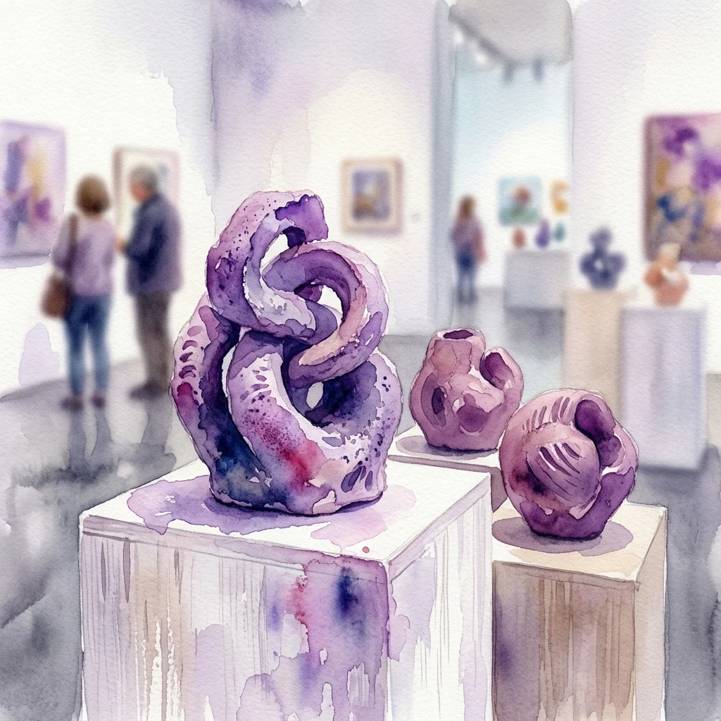 Ilustracja akwarelowa abstrakcyjnych rzeźb ceramicznych autorstwa Marianny Machalovej-Jánošíkovej prezentowanych w galerii, w odcieniach fioletu i bieli, z widocznymi w tle zwiedzającymi.