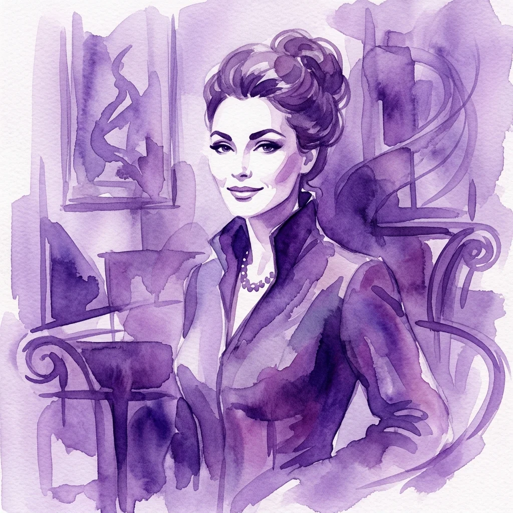 Waterverfportret van Meda Mládková, een vooraanstaande vrouw in een verfijnde salon met moderne kunst, ter herdenking van haar 100e verjaardag en culturele bijdragen.
