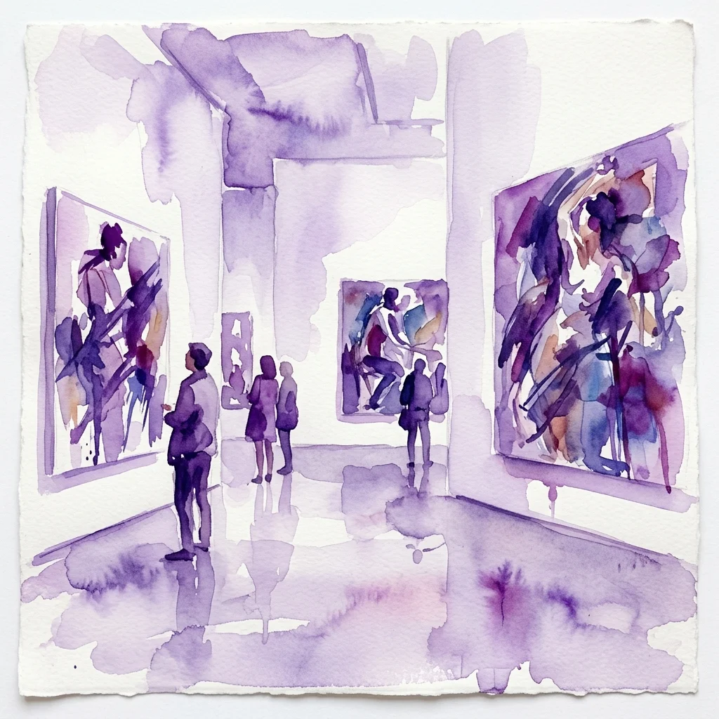Ilustracja akwarelowa galerii sztuki z odwiedzającymi oglądającymi wyraziste obrazy figuratywne, utrzymane w odcieniach fioletu i błękitu, oddająca atmosferę wystawy Michaela Rittsteina.
