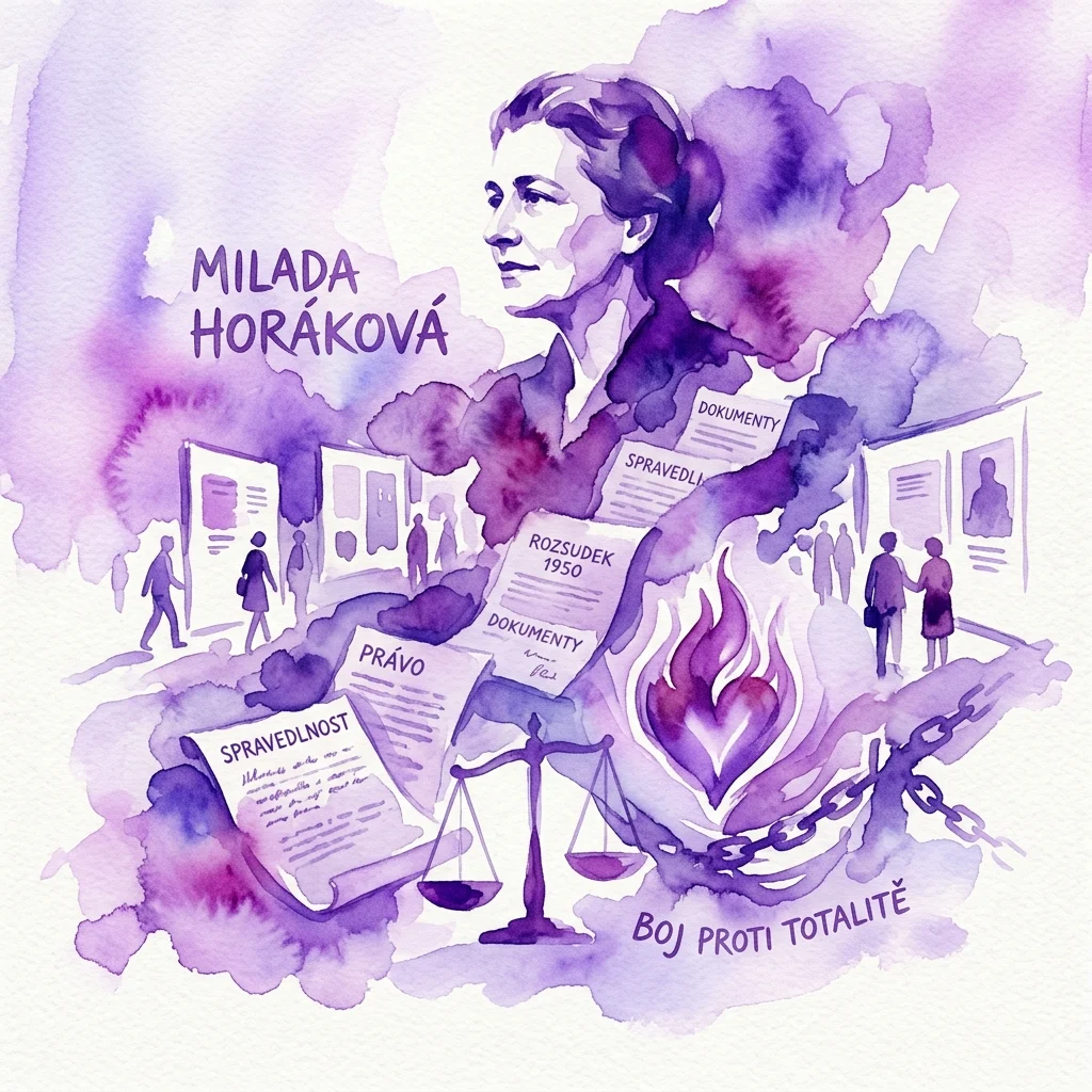 Ilustracja akwarelowa Milady Horákovej, czeskiej prawniczki i polityczki, otoczonej dokumentami, wagą sprawiedliwości, sercem i łańcuchami, symbolizująca jej walkę z totalitaryzmem i proces z 1950 roku.