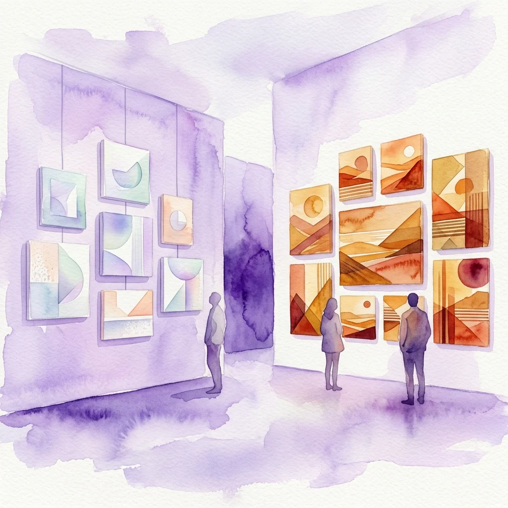 Watercolor illustration of an art gallery with visitors viewing two distinct collections: cool pastel geometric abstractions on the left and warm-toned desert landscape-inspired artworks on the right.