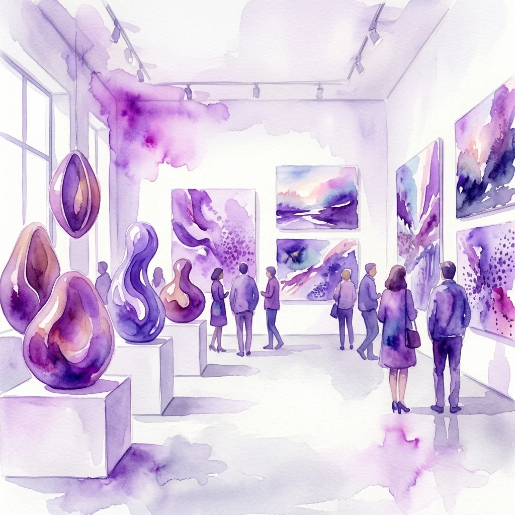 Una ilustración en acuarela de la exposición Miloš Ševčík – Resonance, con esculturas biomórficas semiabstractas y pinturas en un espacio de galería minimalista con visitantes observando las obras de arte.