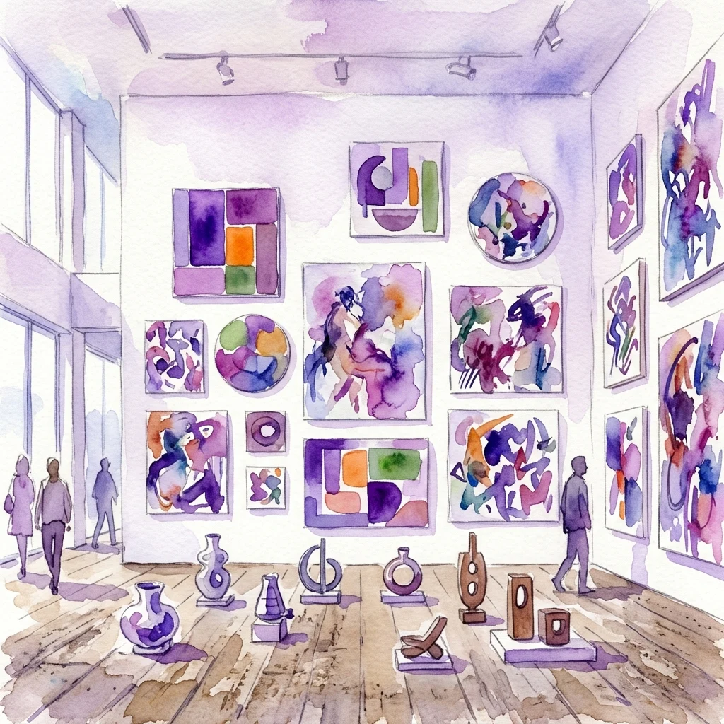 Ilustracja akwarelowa wnętrza galerii sztuki z wystawionymi abstrakcyjnymi obrazami i rzeźbami, z odwiedzającymi obserwującymi dzieła sztuki w nowoczesnej przestrzeni wystawienniczej.