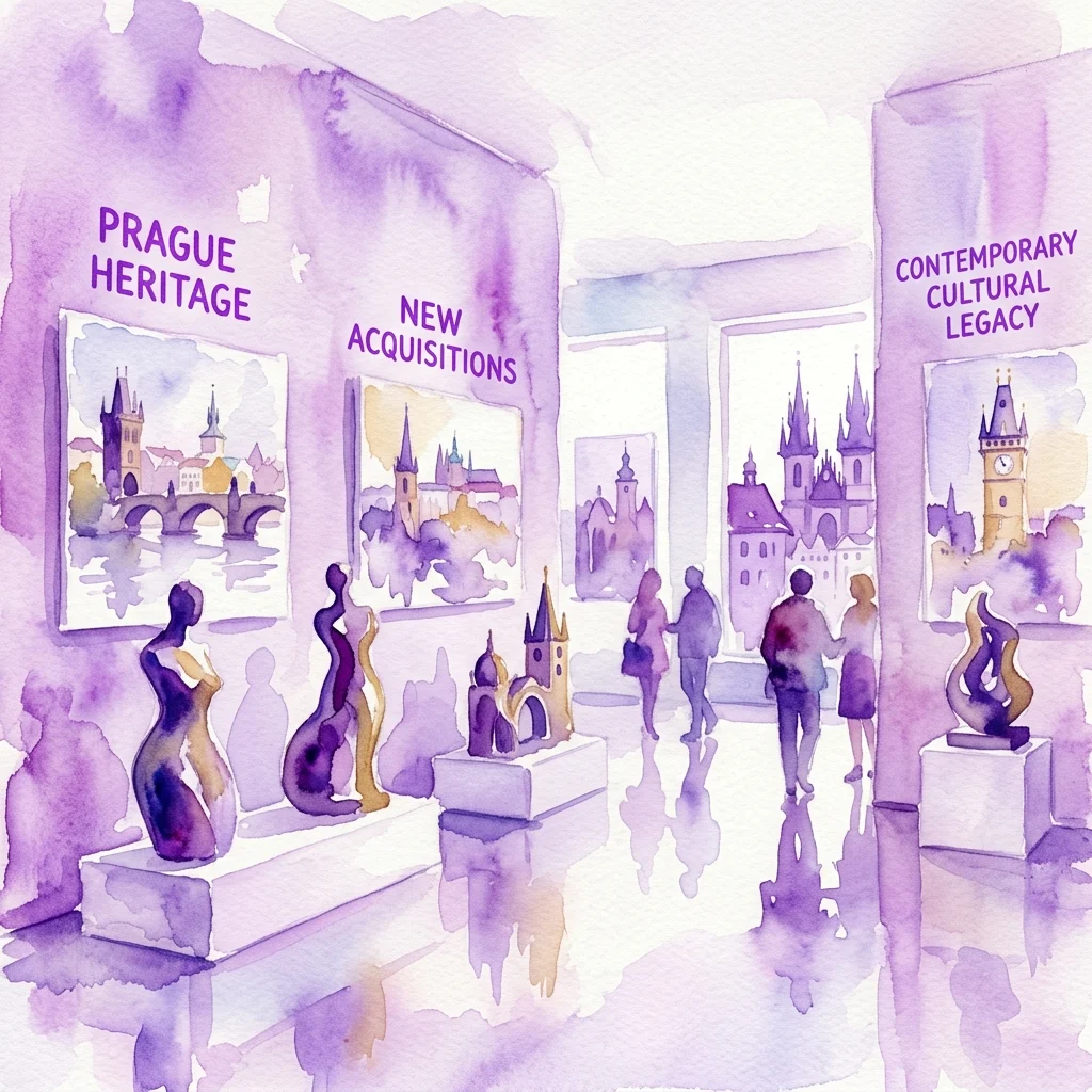 Ilustración en acuarela del interior de una galería de arte contemporáneo con esculturas y pinturas con las etiquetas de texto 'Herencia de Praga', 'Nuevas Adquisiciones' y 'Legado Cultural Contemporáneo'.