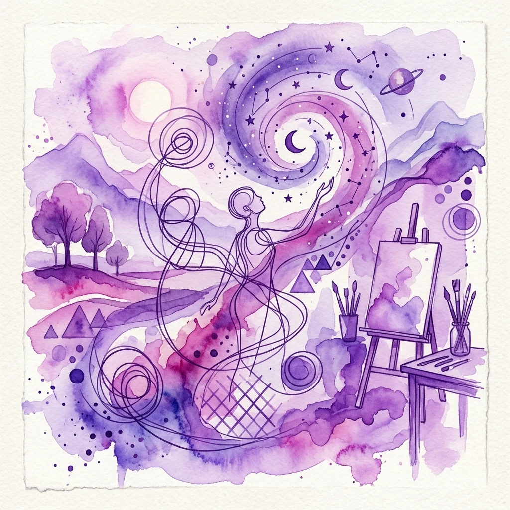Surrealistyczne purpurowe dzieło akwarelowe przedstawiające postać sięgającą ku kosmicznej spirali z gwiazdami, planetami i sztalugami, łączące naturalne krajobrazy z elementami pracowni artystycznej.