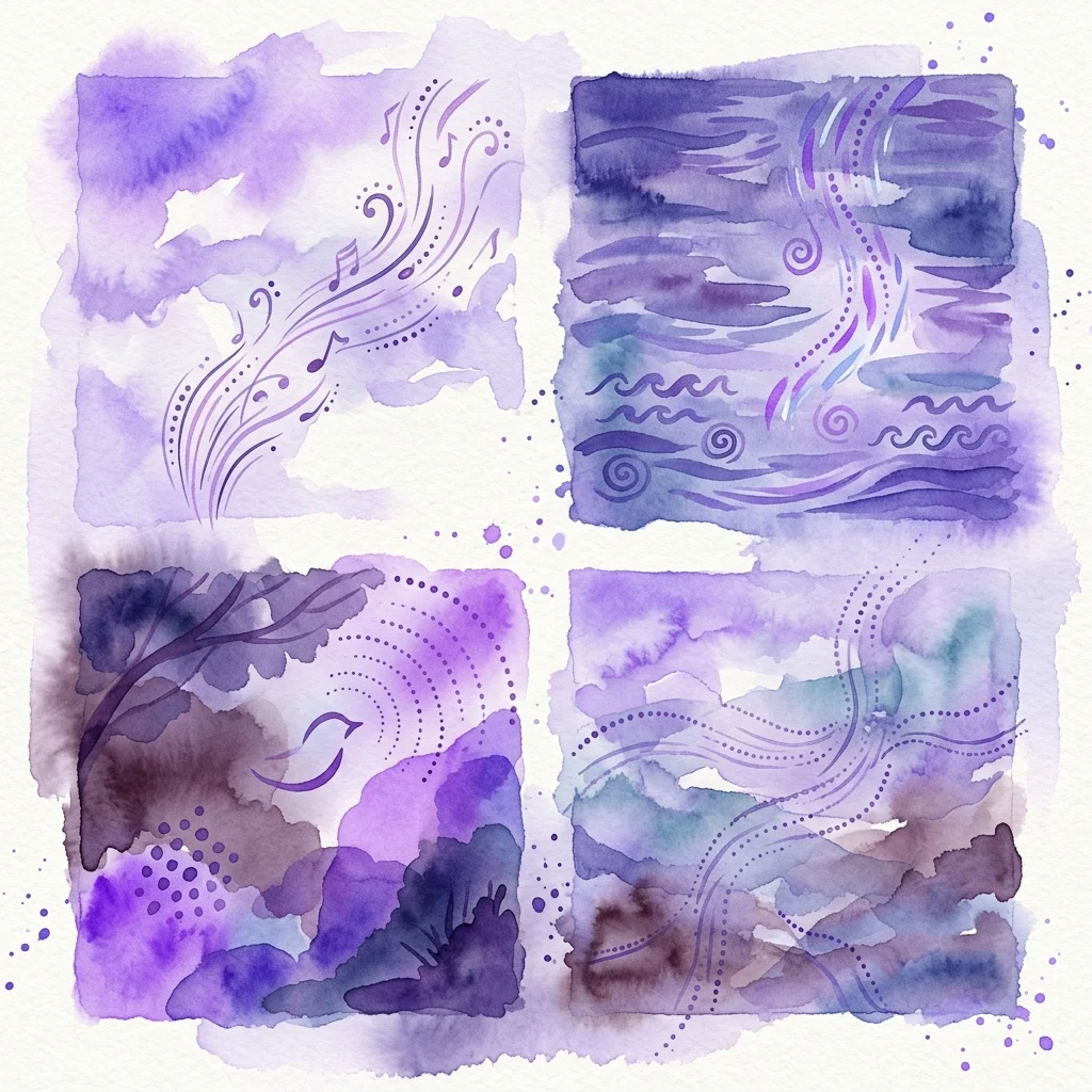 Obra de arte abstracta en acuarela en tonos púrpuras y azules, dividida en cuatro paneles que representan la tierra, el agua, el cielo y el canto de los pájaros, con notas musicales y líneas fluidas que evocan sonidos naturales.