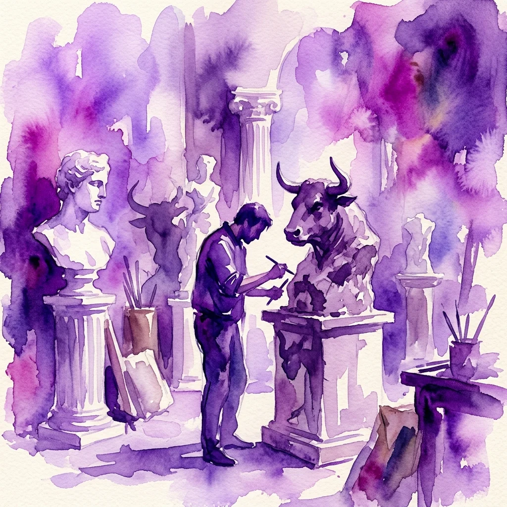 Ilustracja akwarelowa przedstawiająca rzeźbiarza pracującego w pracowni z klasycznymi popiersiami i figurą Minotaura z głową byka, przywołująca motywy transformacji i artystycznej walki.