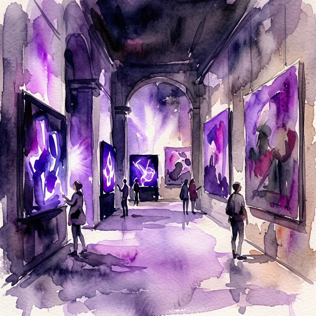 Akwarelowe przedstawienie galerii sztuki z fioletowymi instalacjami świetlnymi i abstrakcyjnymi obrazami, zwiedzający obserwujący dzieła sztuki w dramatycznej, nastrojowej przestrzeni.