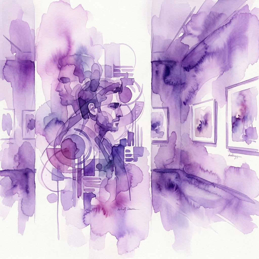Een paars aquarelkunstwerk dat een mannengezicht in profiel afbeeldt, omringd door abstracte geometrische vormen en ingelijste kunstwerken aan galerie muren, door Pavel Reisenauer.