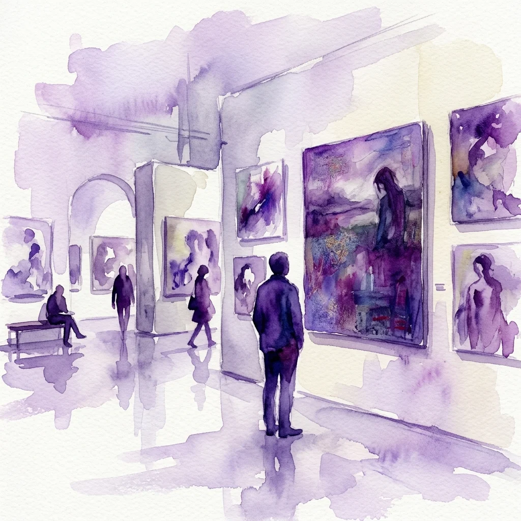 Ilustracja akwarelowa współczesnej galerii sztuki z odwiedzającymi oglądającymi obrazy, utrzymana w melancholijnej fioletowo-białej kolorystyce, odzwierciedlająca tematykę wystawy „Preparing for Darkness, Vol. 8”.