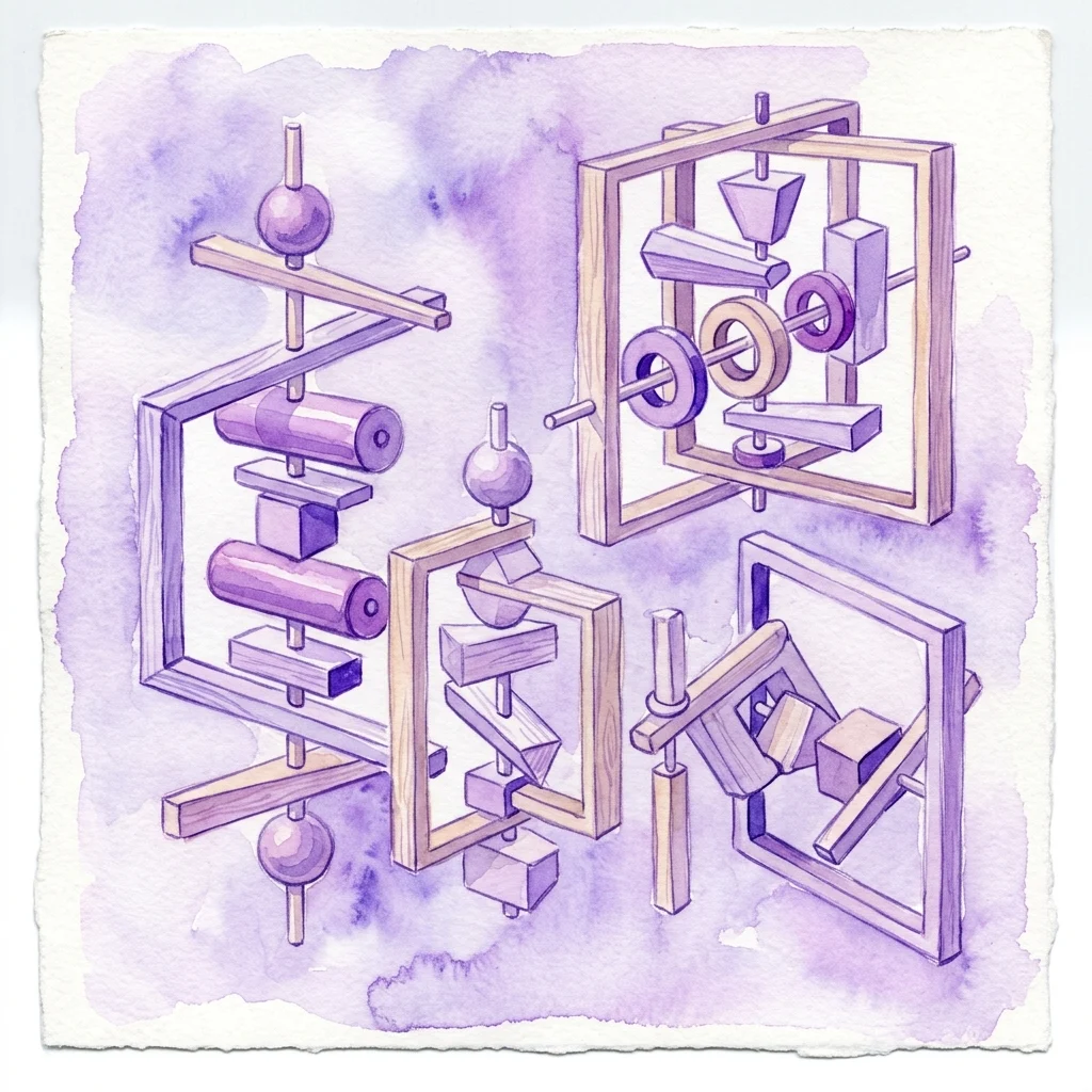 Ilustracja akwarelowa geometrycznych rzeźb Radka Kratiny, przedstawiająca drewniane ramy z obrotowymi osiami i modułowymi elementami, takimi jak pręty, rolki i pryzmaty, odzwierciedlająca jego eksplorację porządku, transformacji i interakcji z widzem.