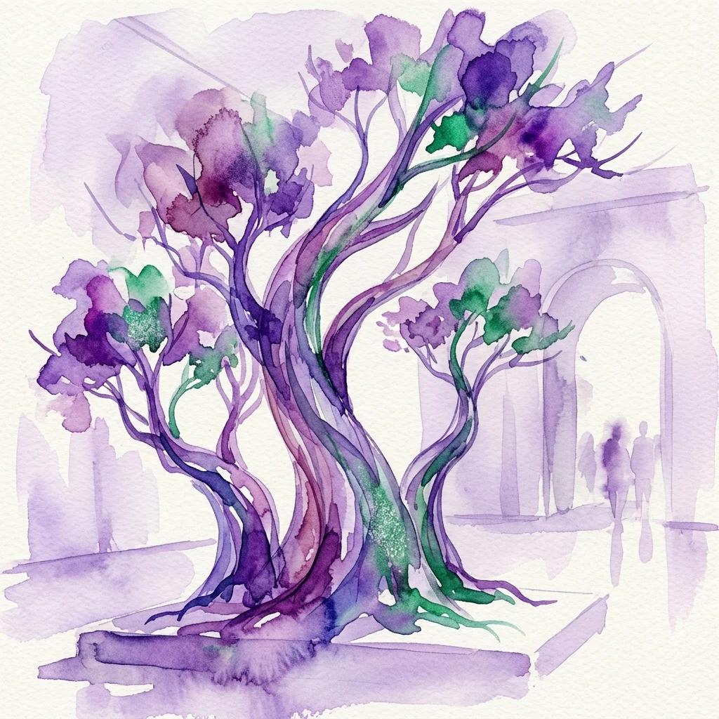 Aquarel van abstracte boomvormen in paarse en groene tinten, die Rony Plesl's 'Trees Grow from the Sky' installatie in Museum Kampa uitbeelden.