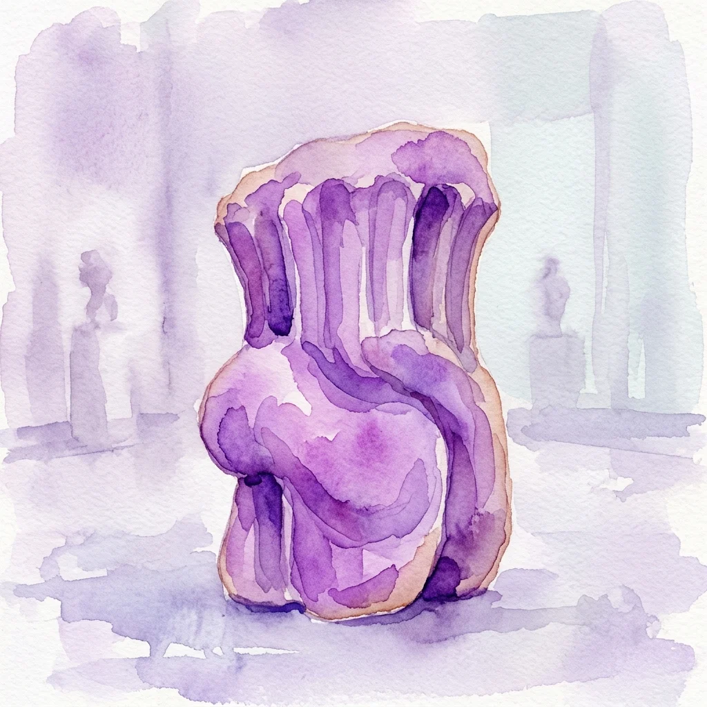 Una ilustración en acuarela de una escultura de arenisca púrpura de Jiří Seifert, con formas suaves y redondeadas y estrías antiguas, expuesta en un entorno de museo.