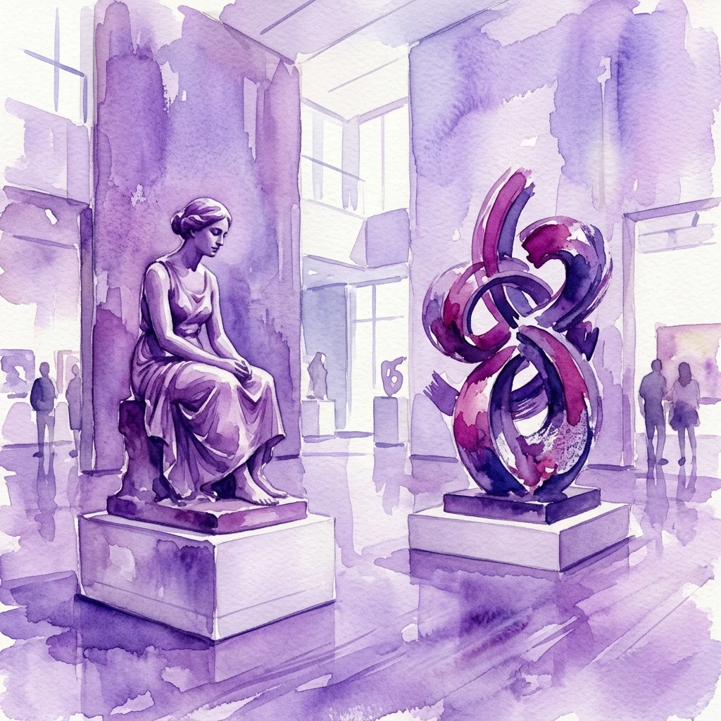 Ilustracja akwarelowa dwóch rzeźb w galerii muzealnej: hiperrealistycznej siedzącej postaci kobiecej autorstwa Petera Orieška oraz abstrakcyjnej, ekspresyjnej rzeźby Kryštofa Hoška, wystawionych w naturalnym świetle.