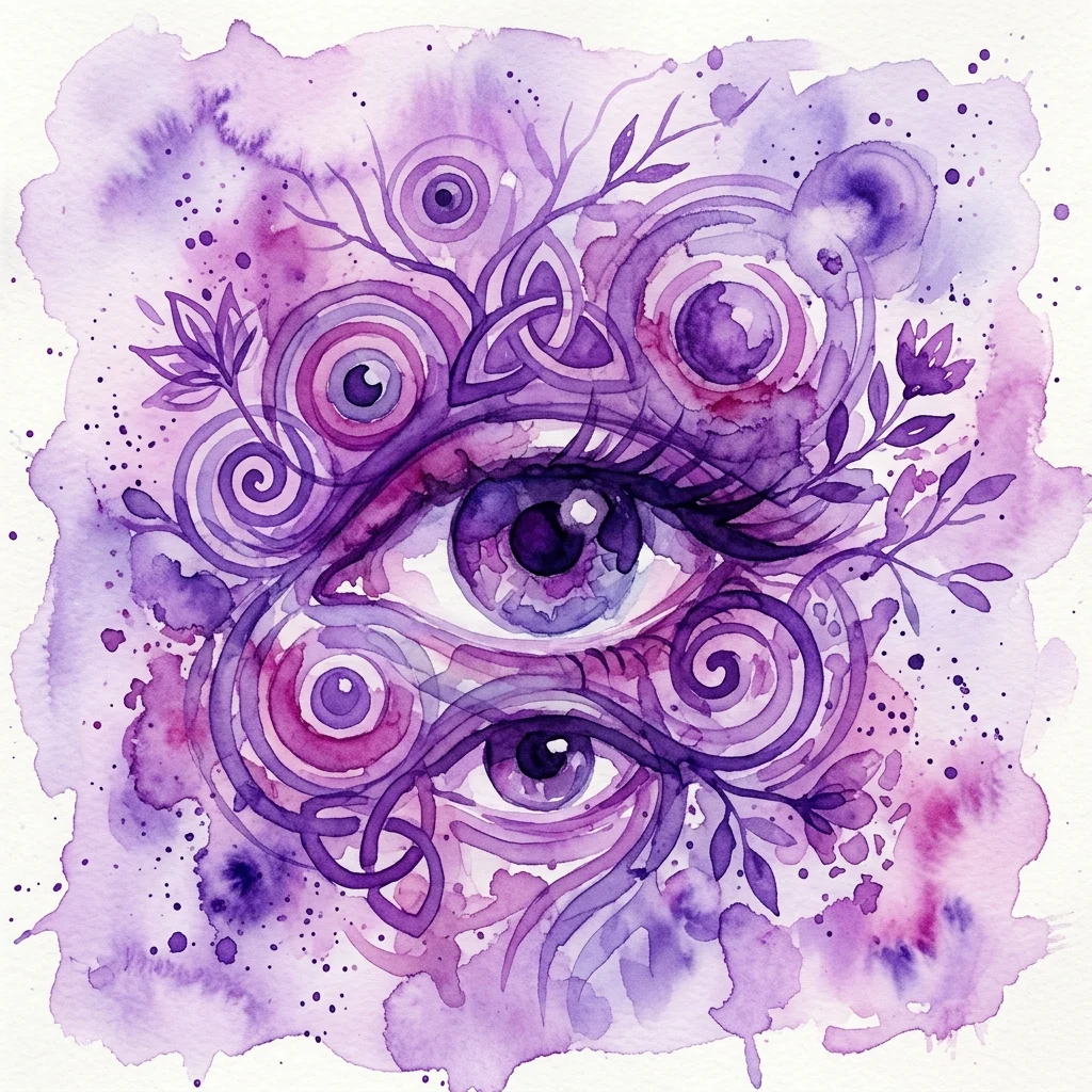 Obra de arte abstracta en acuarela que presenta un ojo central rodeado de patrones arremolinados, ojos más pequeños y motivos florales en tonos púrpuras y rosas, simbolizando la percepción y la expresión artística.