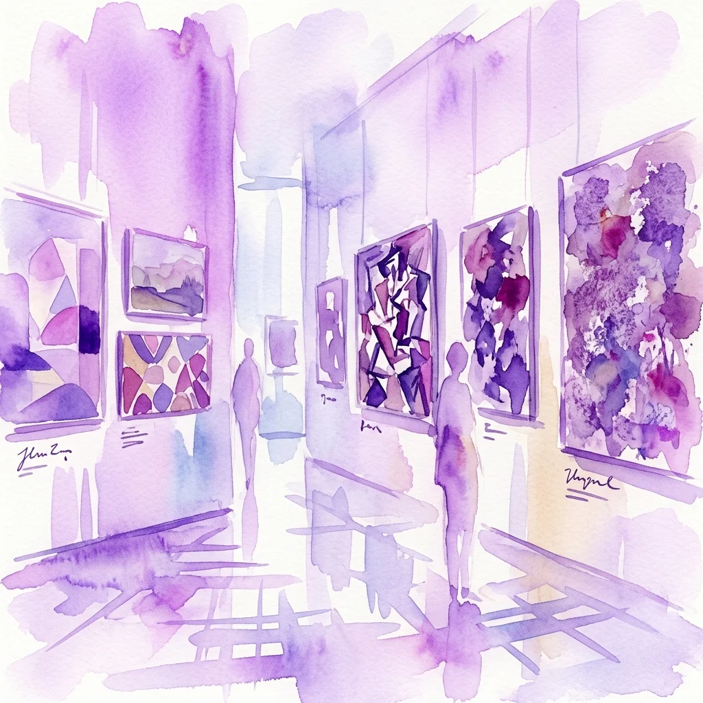 Ilustracja akwarelowa galerii sztuki z fioletowymi obrazami abstrakcyjnymi na wystawie, w tym dzieła Jana Zrzavý i Toyen, odzwierciedlające wystawę „Gęś na Kampa” w Muzeum Kampa.