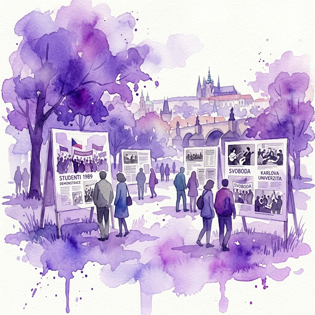 Waterverftekening van een buitenexpositie in Kampa Park, Praag, met historische foto's en archiefmateriaal over studentenprotesten en Majáles-festiviteiten in Tsjecho-Slowakije van 1945-1990.