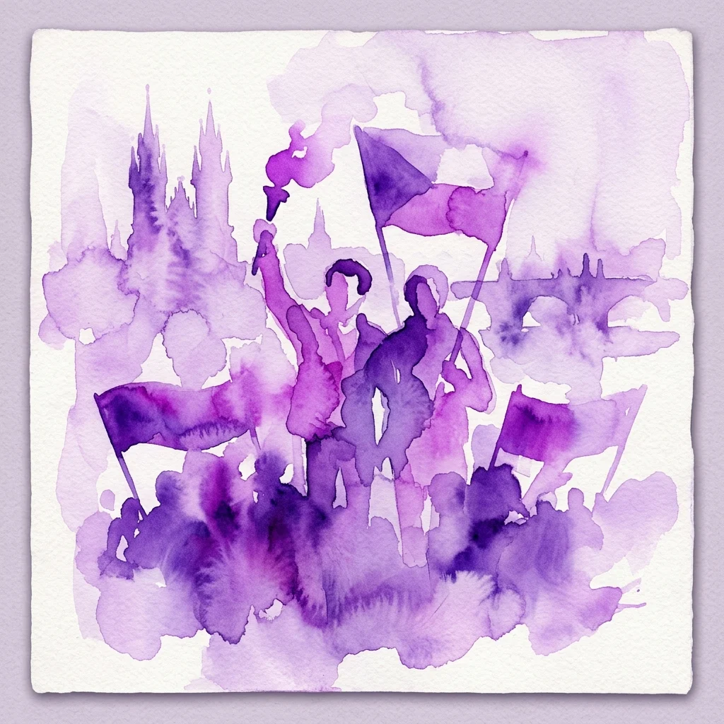 A purple watercolor artwork depicting silhouetted figures with flags, symbolizing protest and remembrance in the context of Jan Palach and Jan Zajíc's legacy in Czech art.