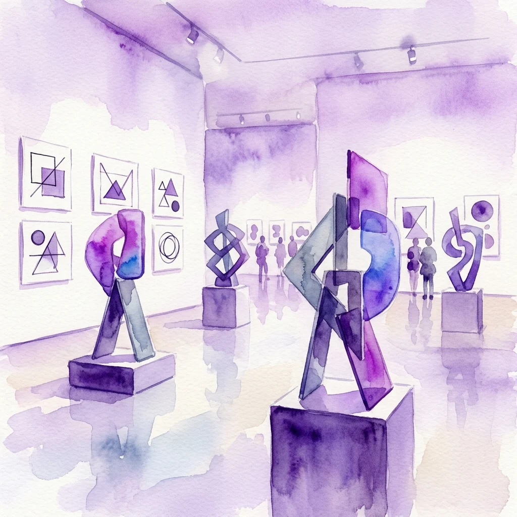 Ilustracja akwarelowa galerii sztuki przedstawiająca abstrakcyjne rzeźby z metalu i plastiku oraz rysunki geometryczne autorstwa Tomáša Rajlicha, wyeksponowane w miękkim oświetleniu.