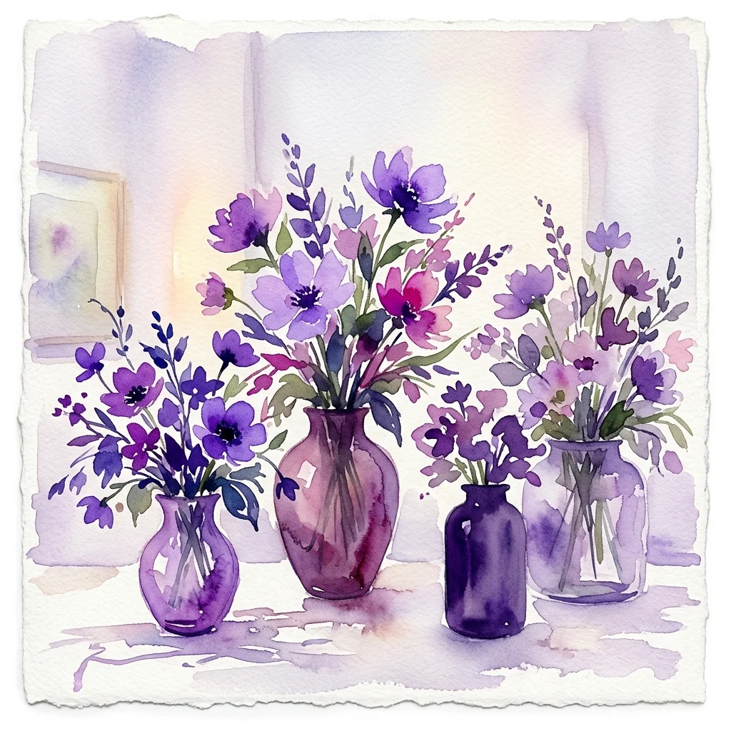 Acuarela de bodegones florales en jarrones morados, parte de la exposición de Václav Špála en el Museo Kampa, que exhibe arreglos florales impresionistas.