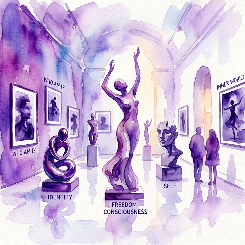 Ilustración en acuarela de una galería de arte que presenta esculturas y fotografías que exploran temas de identidad, libertad y conciencia, con etiquetas como "¿QUIÉN SOY YO?", "IDENTIDAD", "LIBERTAD CONCIENCIA" y "MUNDO INTERIOR".