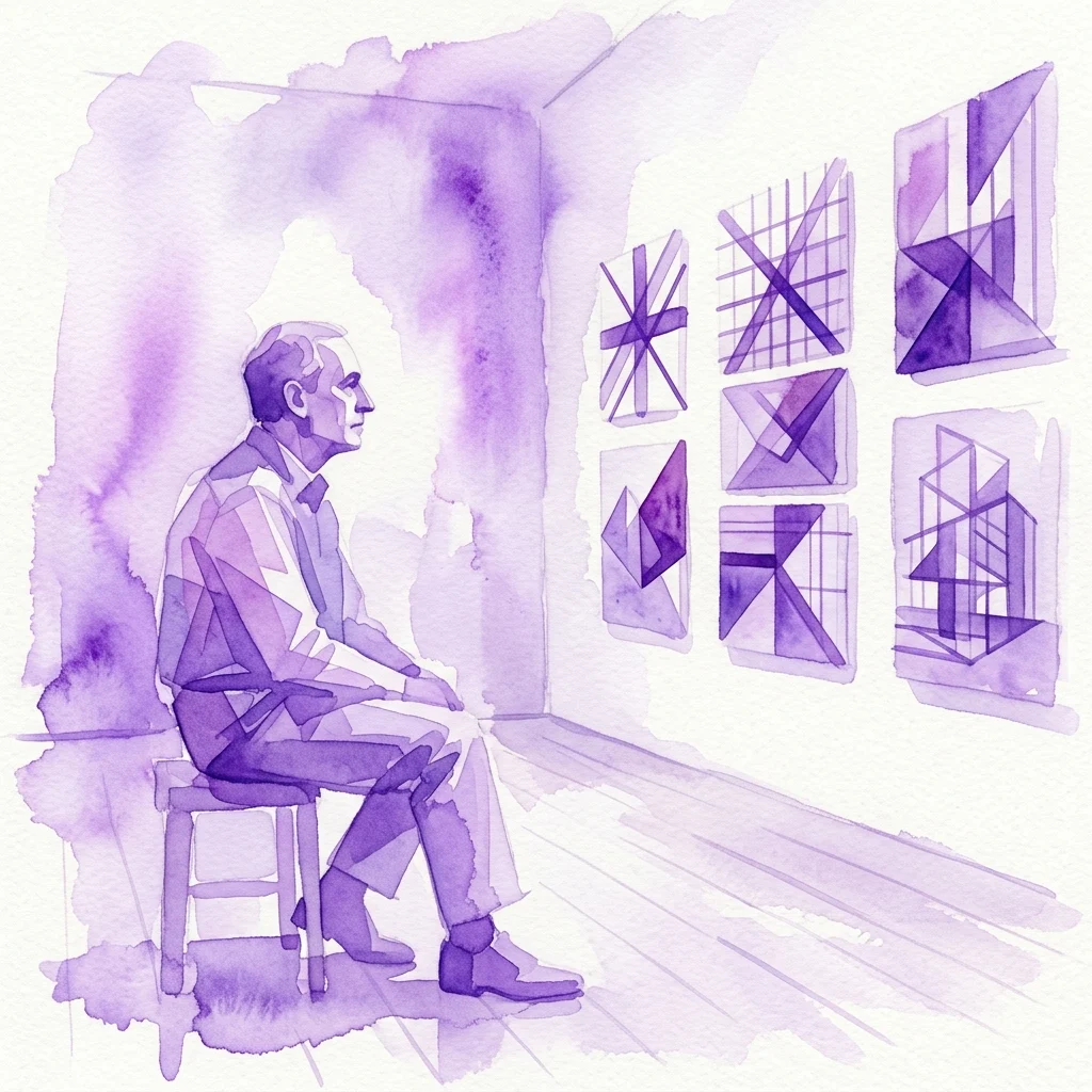 Een paarse aquarelillustratie van kunstenaar Vladislav Mirvald, zittend in een galerie en kijkend naar zijn geometrische abstracte kunstwerken aan de muur, wat zijn analytische benadering van visuele perceptie weerspiegelt.